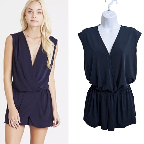 BCBGeneration Navy Blue Mini Romper Slouchy Cross Front Short Drop Sleeve XS - Picture 1 of 13